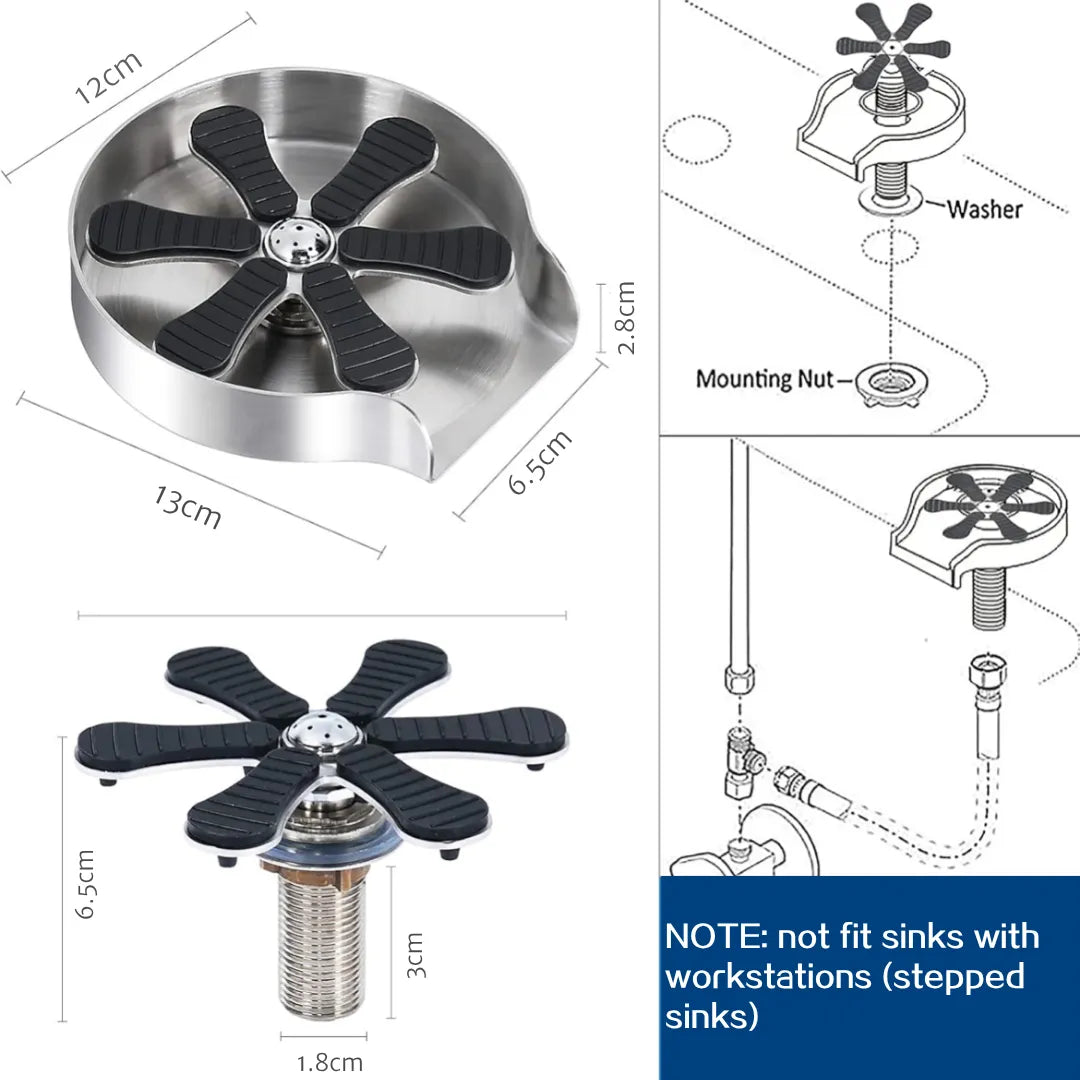 Diagram showing product dimensions and internal installation structure under the sink. Easy to install by following steps, but not compatible with sinks having a workstation.