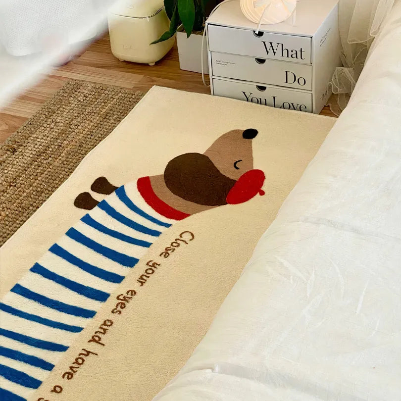 Striped dachshund faux cashmere bedside throw featured in a cozy, stylish bedroom, offering a soft, plush texture ideal for modern aesthetic home decor.