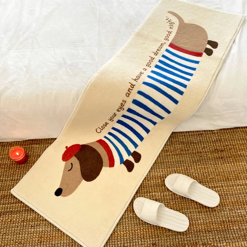 Striped dachshund faux cashmere bedside throw styled in a cozy bedroom, featuring a soft, plush texture perfect for creating a warm, atmospheric home decor.