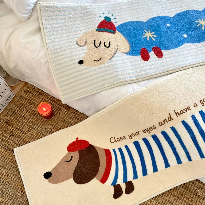 Two striped dachshund faux cashmere bedside throws displayed in a cozy bedroom, highlighting their odor-free, shed-resistant material and soft plush texture.