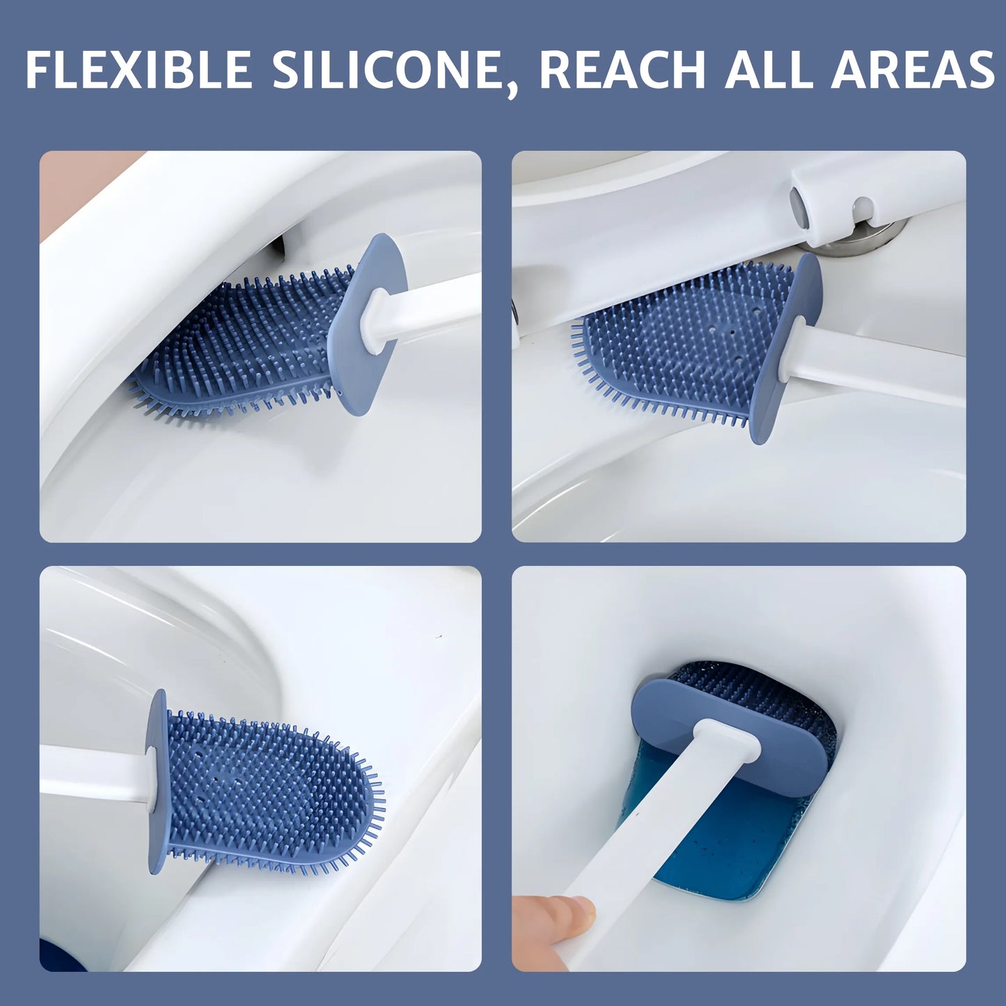 Collage showing a D-shaped silicone toilet brush cleaning deep and hidden corners inside the toilet, demonstrating strong reach and powerful scrubbing performance.