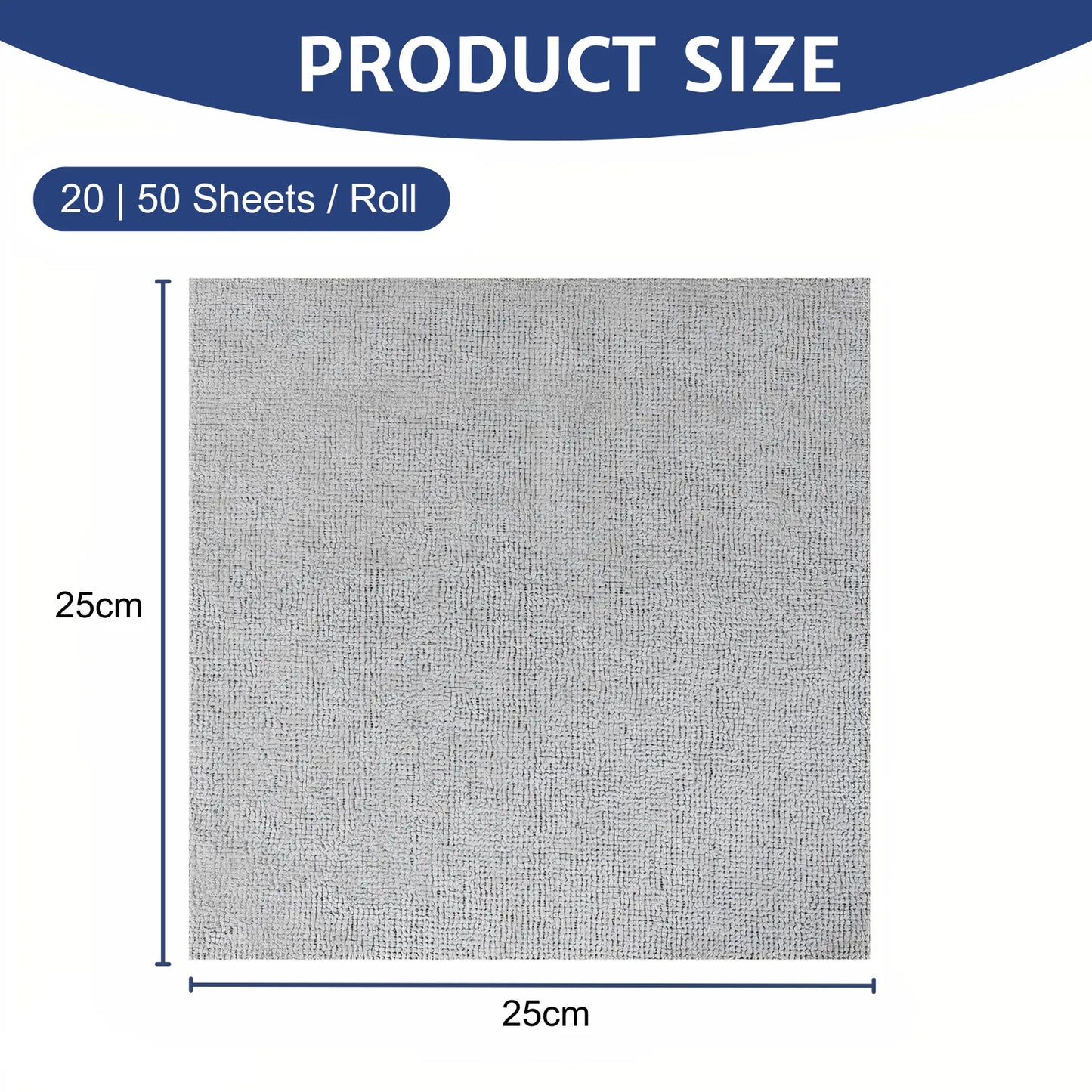 Microfiber cloth roll displaying sheet size 25x25cm, available with 20 or 50 tear-off sheets per roll, ideal for convenient and efficient cleaning tasks.