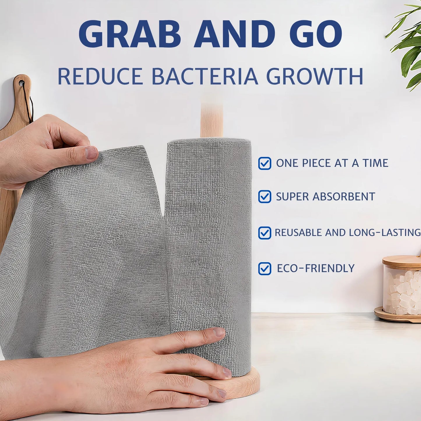 A person tearing off a sheet from a roll of super soft microfiber cloth, showcasing easy tear functionality, reusable cleaning rag, eco-friendly alternative to disposable paper towel.