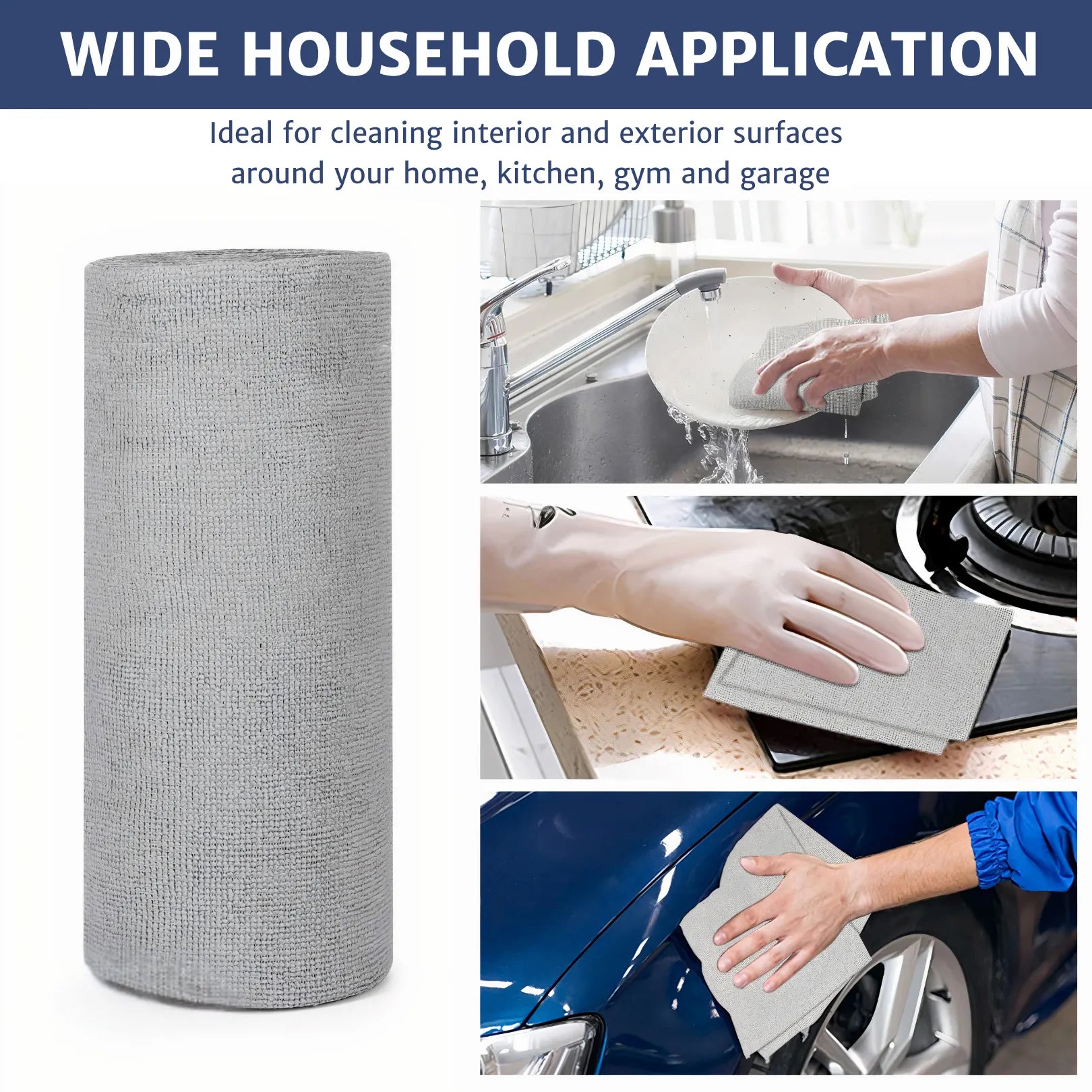 Three images showing microfiber cloth cleaning a plate, stove, and car, highlighting its multi-purpose use, strong cleaning ability, and suitability for a wide range of surfaces.