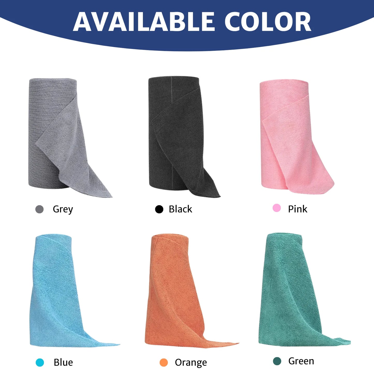 Display of six microfiber cloth roll colors: gray, black, orange, blue, green, and pink, offering multiple color options for versatile cleaning and personal preference.
