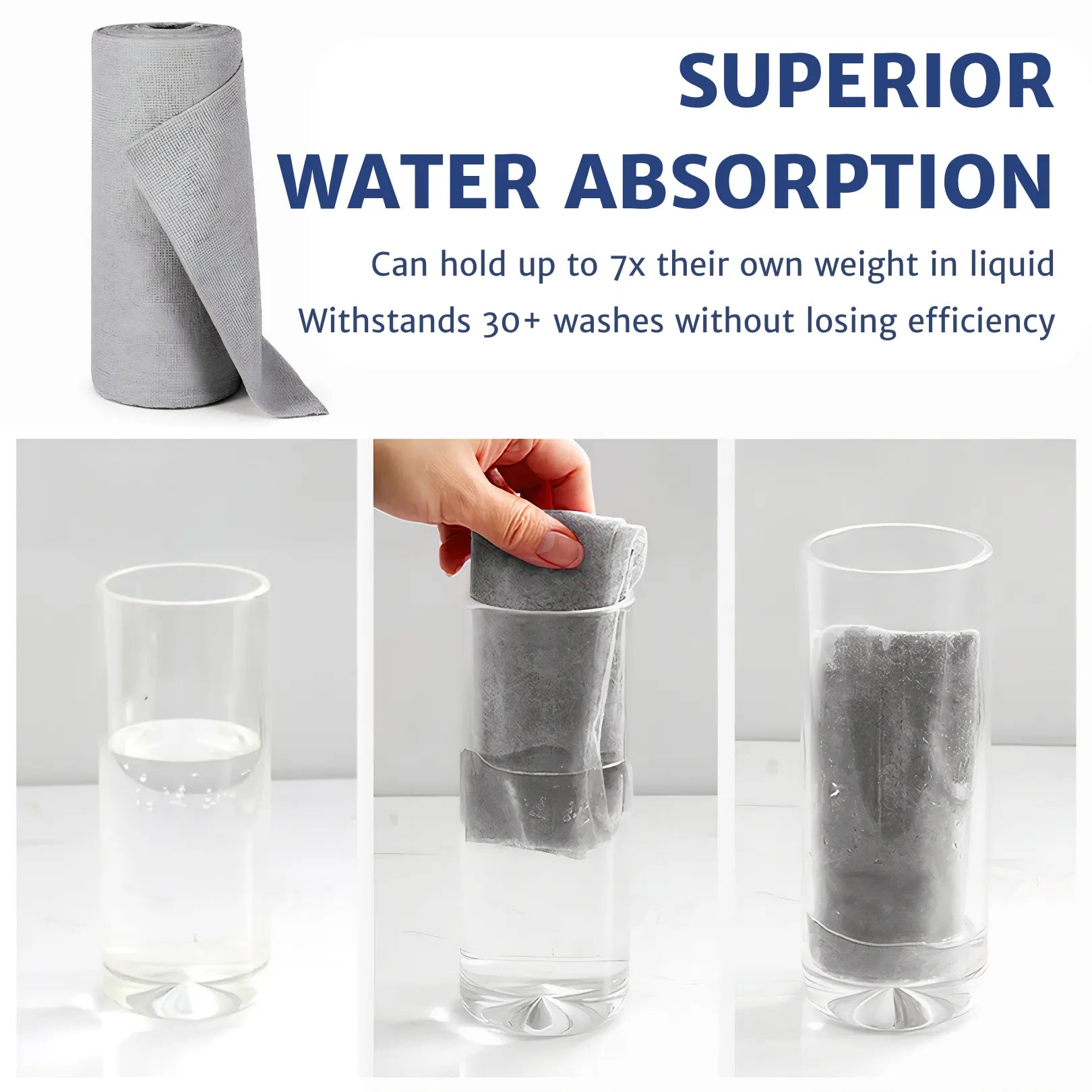 An experiment showing a microfiber cloth absorbing all water from a full glass, demonstrating its ultra absorbency, holding 7 times its weight, and lasting 30+ washes without losing effectiveness.