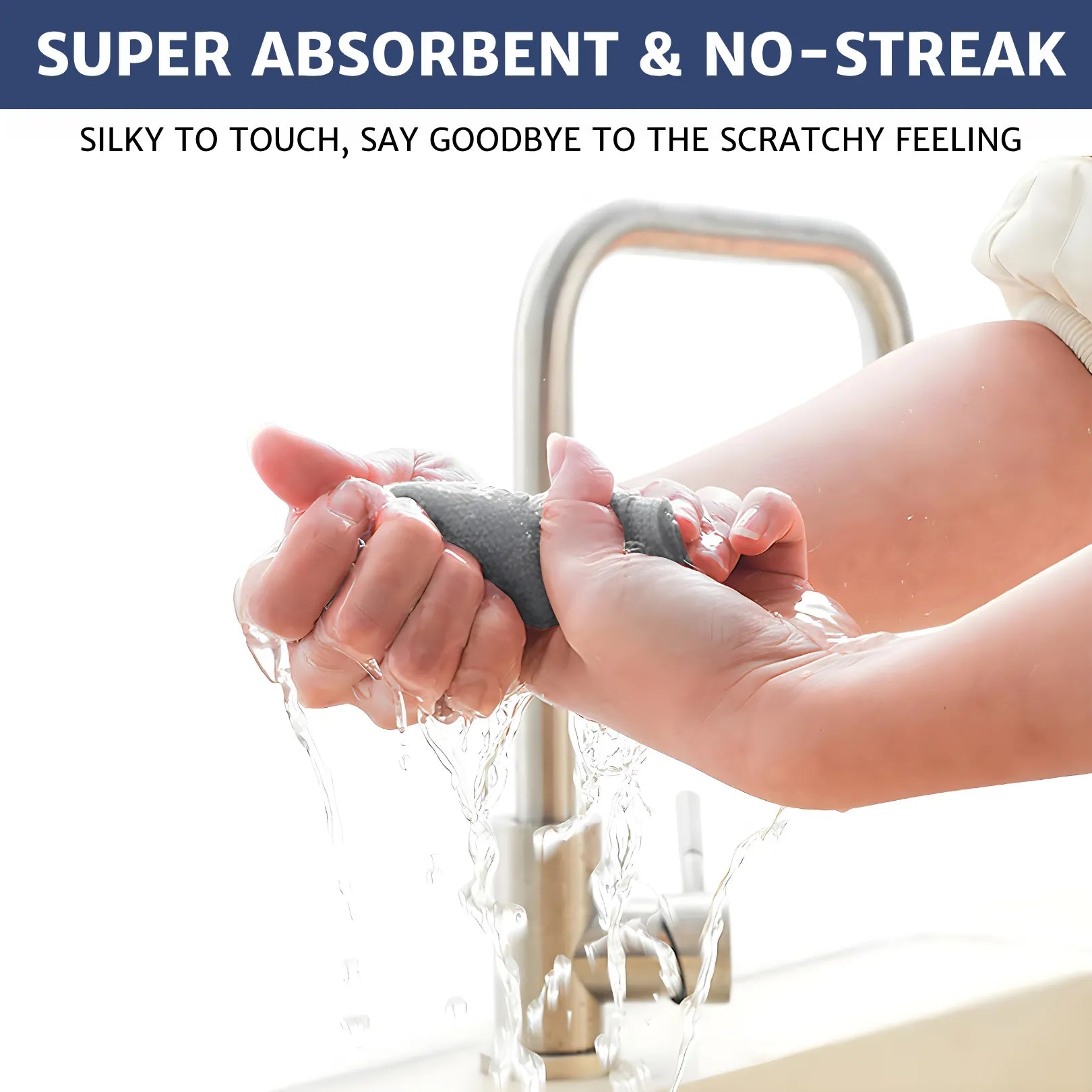 A person wringing out a microfiber cloth with water pouring out, demonstrating the cloth’s ultra absorbency, super softness, and streak-free cleaning performance.