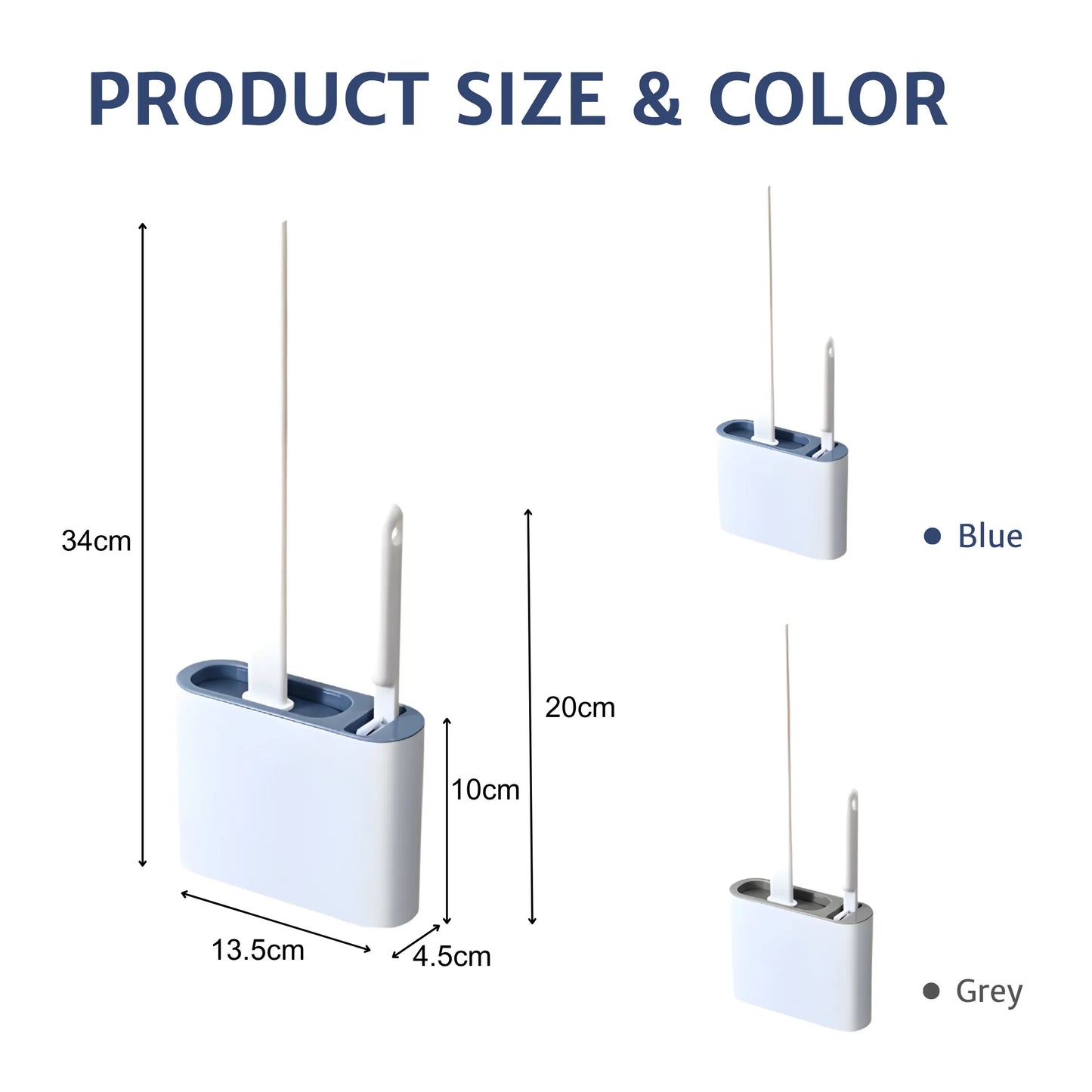 Toilet brush shown in two elegant color options—gray and blue—with dimensions displayed, highlighting its ultra-slim, space-saving modern design.