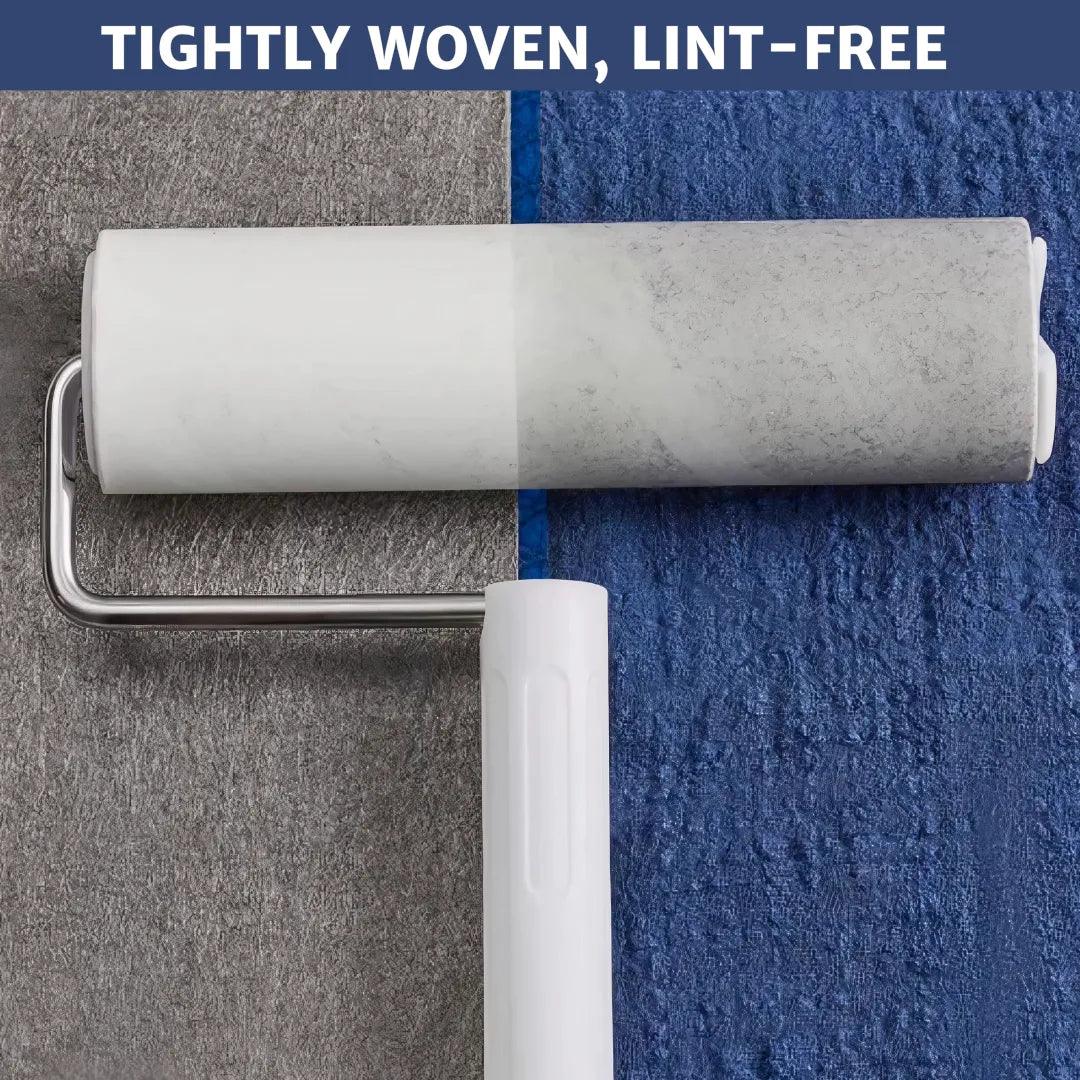 Comparison showing our tight woven super soft premium microfiber cloth on the left and a regular cloth on the right with a lint roller. The microfiber cloth effectively removes stains without leaving lint.