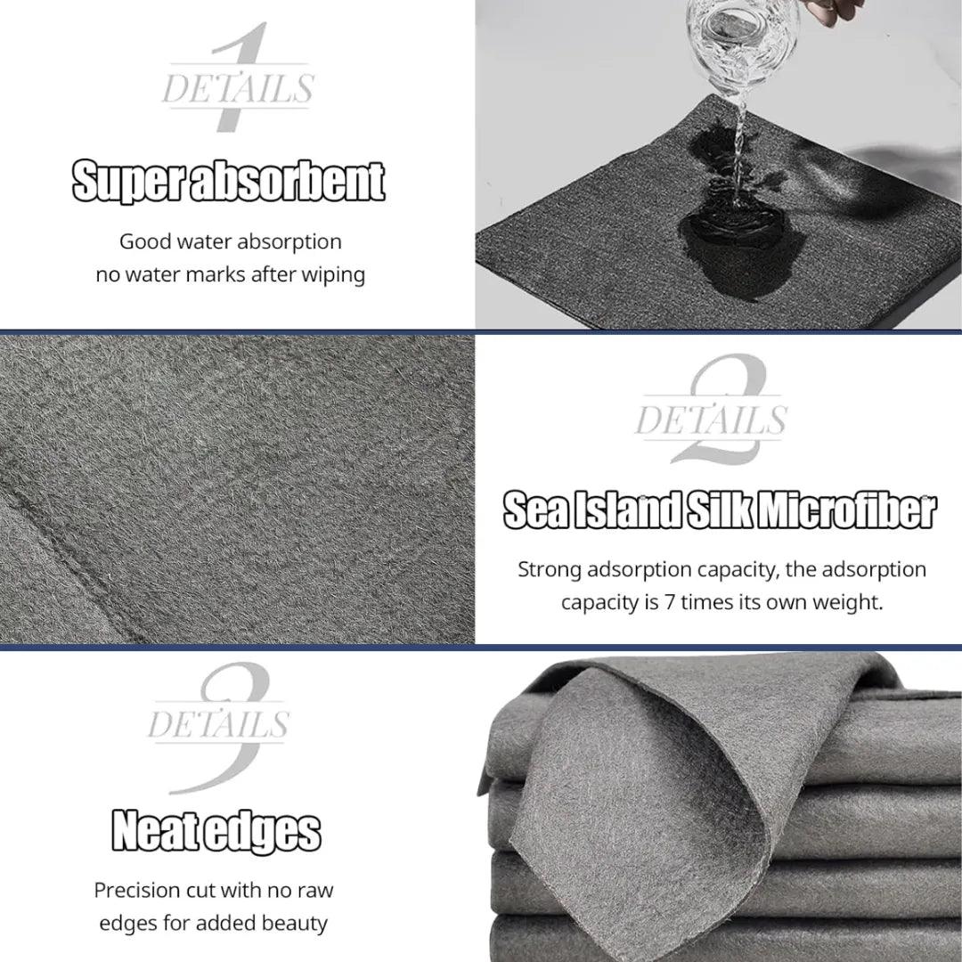 Detailed views of the microfiber cloth showing water being fully absorbed from a cup, the ultra-soft microfiber texture, and neatly finished edges with a simple, clean design.