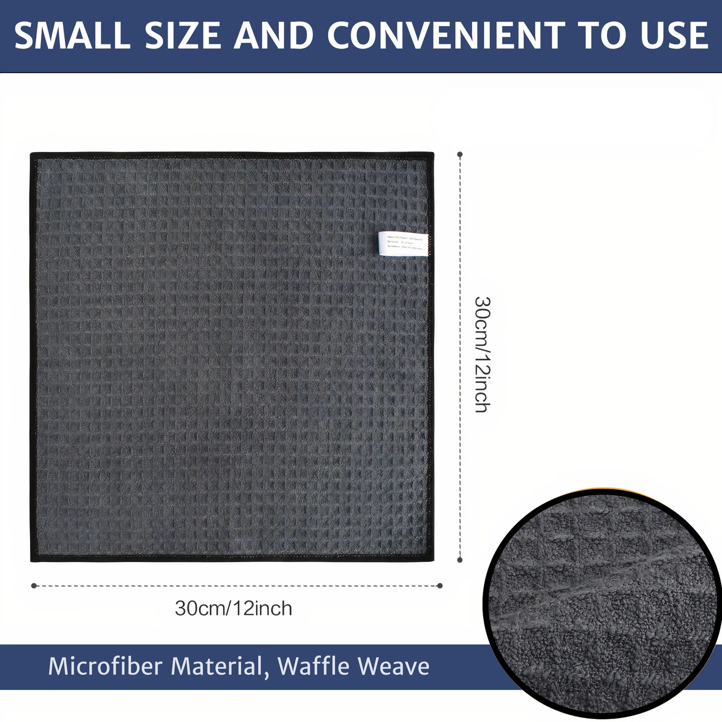 Showing the compact 30x30cm size of the waffle pattern microfiber cloth, highlighting its ultra-soft fiber texture and convenient, practical design for everyday cleaning tasks.