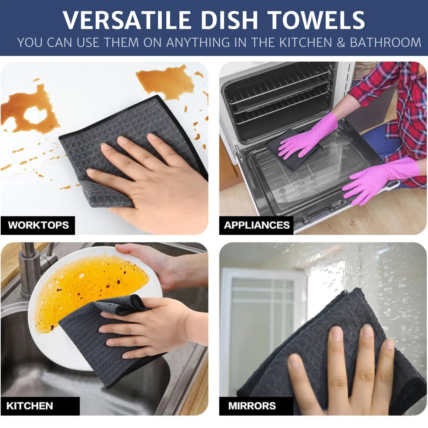 Four scenes showing the waffle pattern microfiber cloth cleaning a table, oven, plate, and mirror, leaving all surfaces spotless. Perfect for versatile home use in kitchen, bathroom, and bedroom.