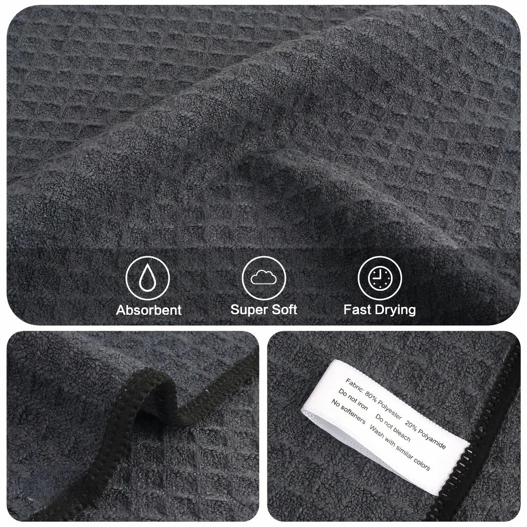 Close-up of a waffle pattern microfiber cloth showing its textured weave and label indicating the material composition: 80% polyester and 20% polyamide.