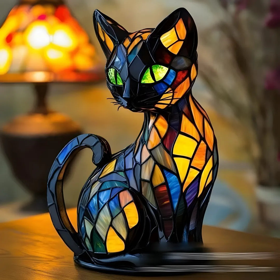 Artful and functional stained glass cat lamp with geometric amber and blue panels, glowing green eyes, casting warm light in vintage setting.