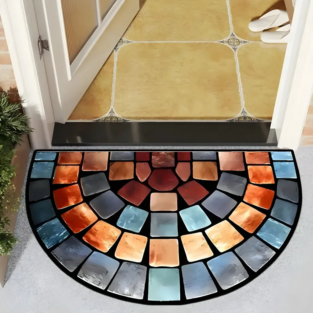 Decorative doormat with colorful mosaic design on a step