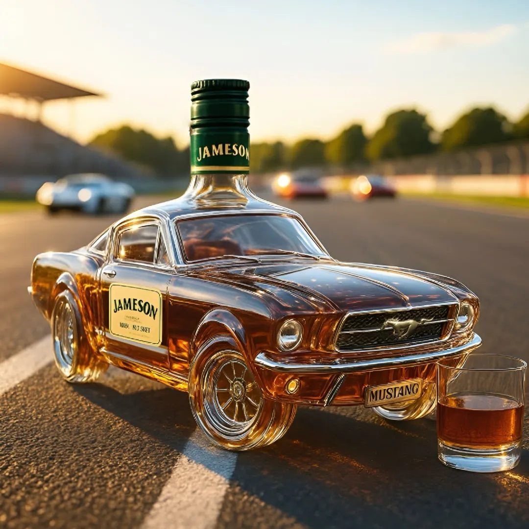 Bottle shaped like a classic car with Jameson whiskey branding on a race track.