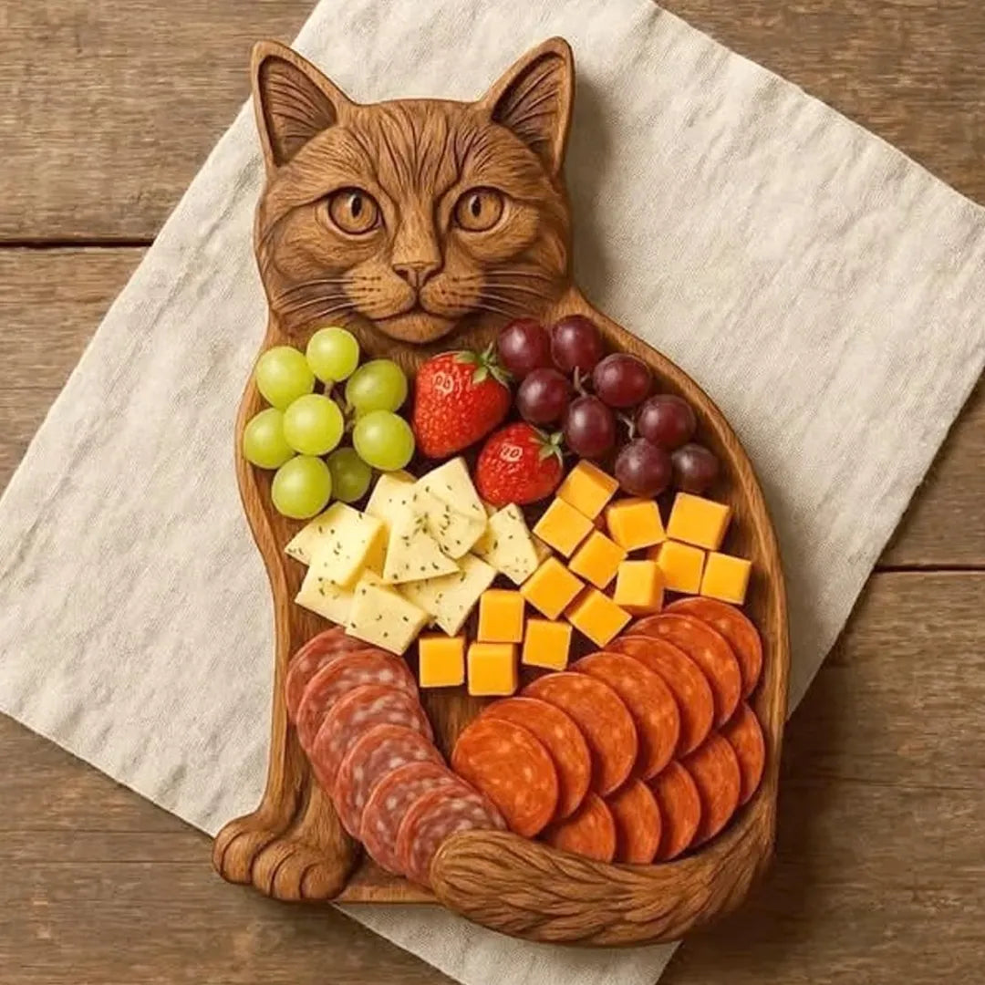 Wooden cat-shaped platter with fruits, cheese, and sausages on a wooden surface.