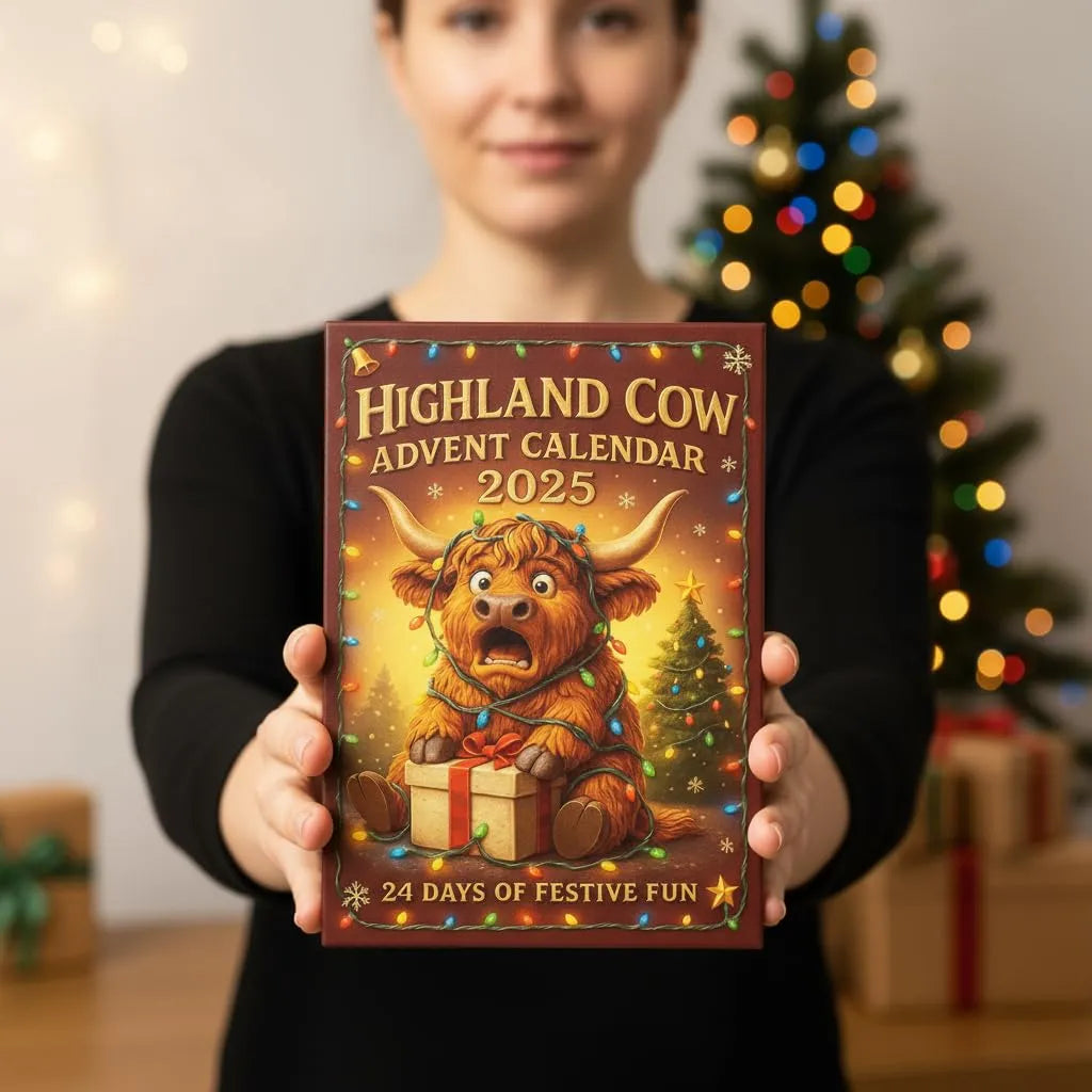 Person holding a Highland Cow Advent Calendar 2025 in front of a Christmas tree.