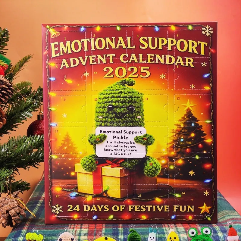 Emotional Support Advent Calendar 2025 with Christmas trees and lights on a festive background