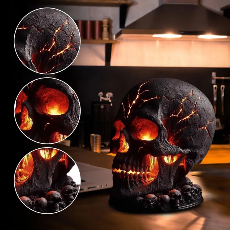 Decorative skull lamp with glowing eyes on a table, surrounded by close-up insets of its texture.