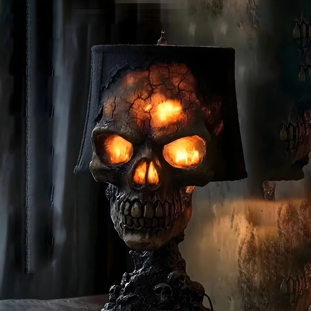Halloween skull lava lamp with glowing orange eyes and cracked lava-filled shade, casting eerie light in dark horror-themed setting
