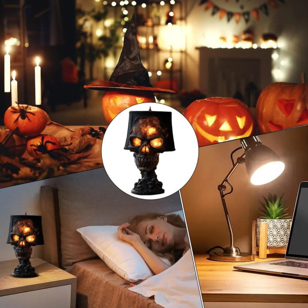 Glowing skull lamp on nightstand beside sleeping woman, with pumpkin decor and warm lighting. Versatile Halloween home accent for multi-room ambiance.