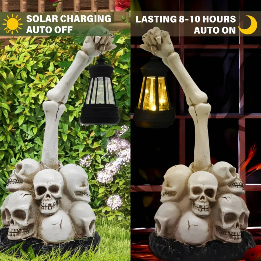 Halloween solar garden lamp showing day and night comparison. Left: solar charging mode with auto-off in sunlight. Right: glowing lantern with 8-10 hours auto-on night lighting.