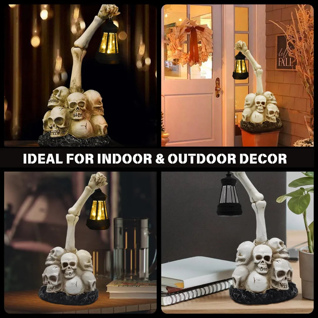 Collage of a skeleton and skull decorative item in various settings with text 'Ideal for Indoor & Outdoor Decor'.