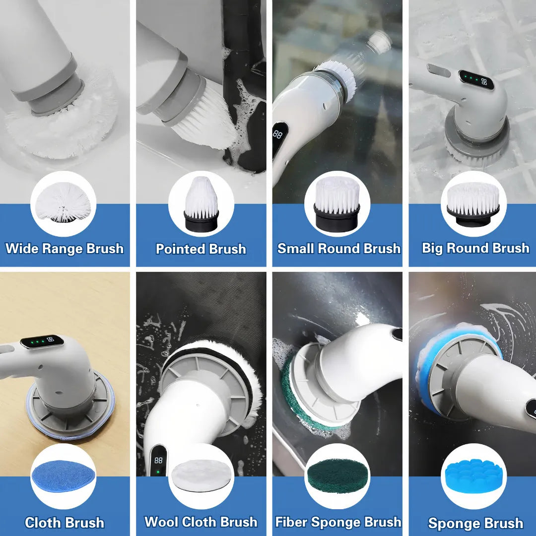 8-type electric cleaning brush kit including wide, pointed, round, cloth and sponge attachments for all surfaces