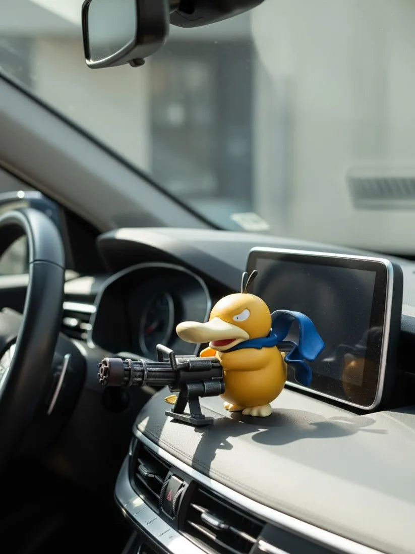 Psyduck car ornament with machine gun on dashboard showcases auto interior-exterior decor, featuring steering wheel and infotainment screen background.