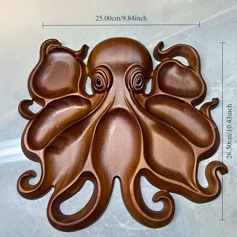 Wooden octopus decoration with measurements on a light background