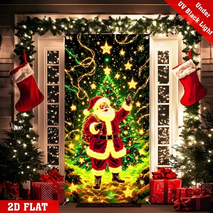 Santa Claus solar garden light with glowing Christmas tree, stars and gifts. UV black light festive yard decoration.