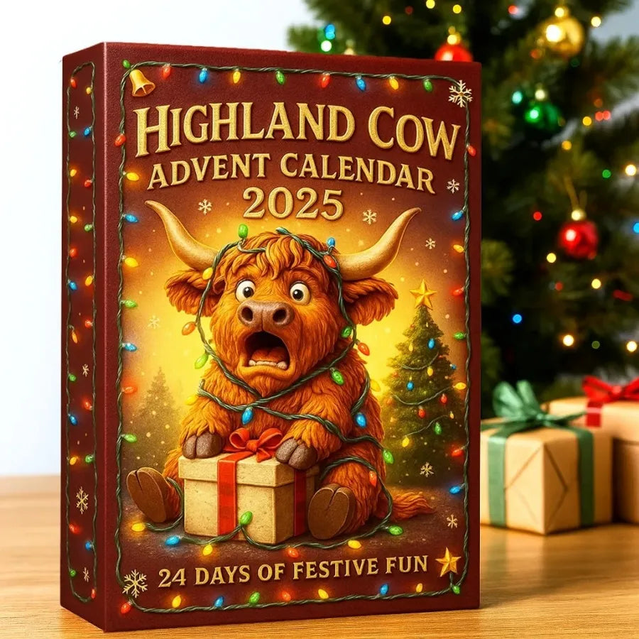 Highland Cow Advent Calendar 2025 with Christmas lights and a tree in the background