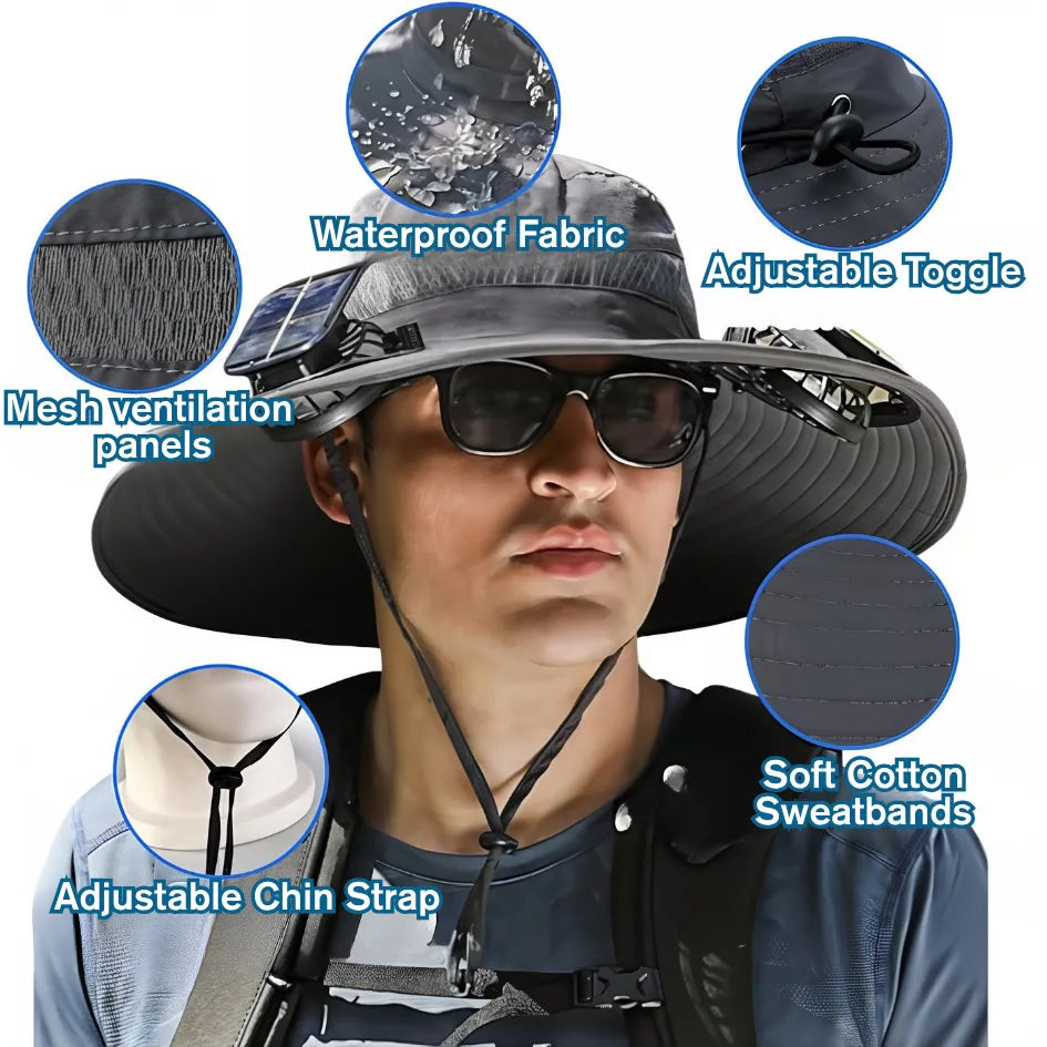 Black Solar Fan Cooling Sun Hat with adjustable chin strap, breathable mesh panels, and waterproof fabric for outdoor cooling