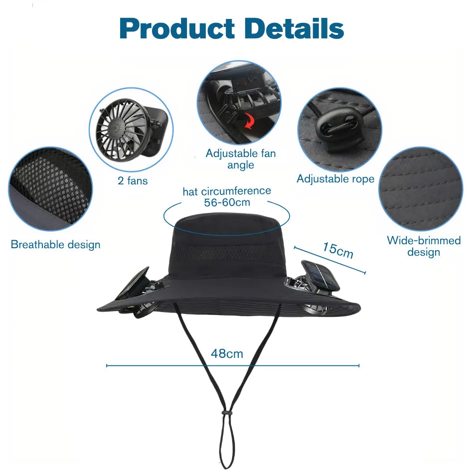Unisex solar fan cooling hat with adjustable rope (56-60cm), wide 48cm brim, and 2 angle-adjustable fans on white background.