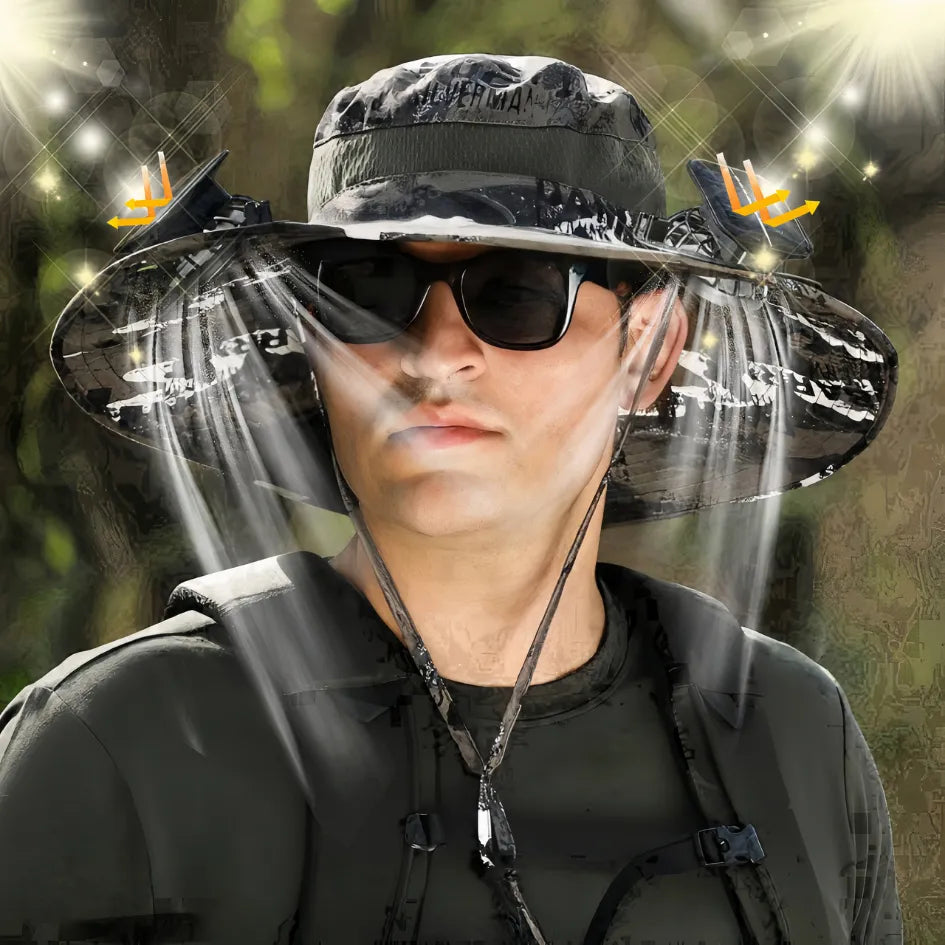 Man wearing Solar Fan Cooling Sun Hat with wide brim, UV protection, and side solar fans in outdoor setting