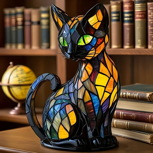 Stained glass cat lamp on a wooden surface with books and a globe in the background