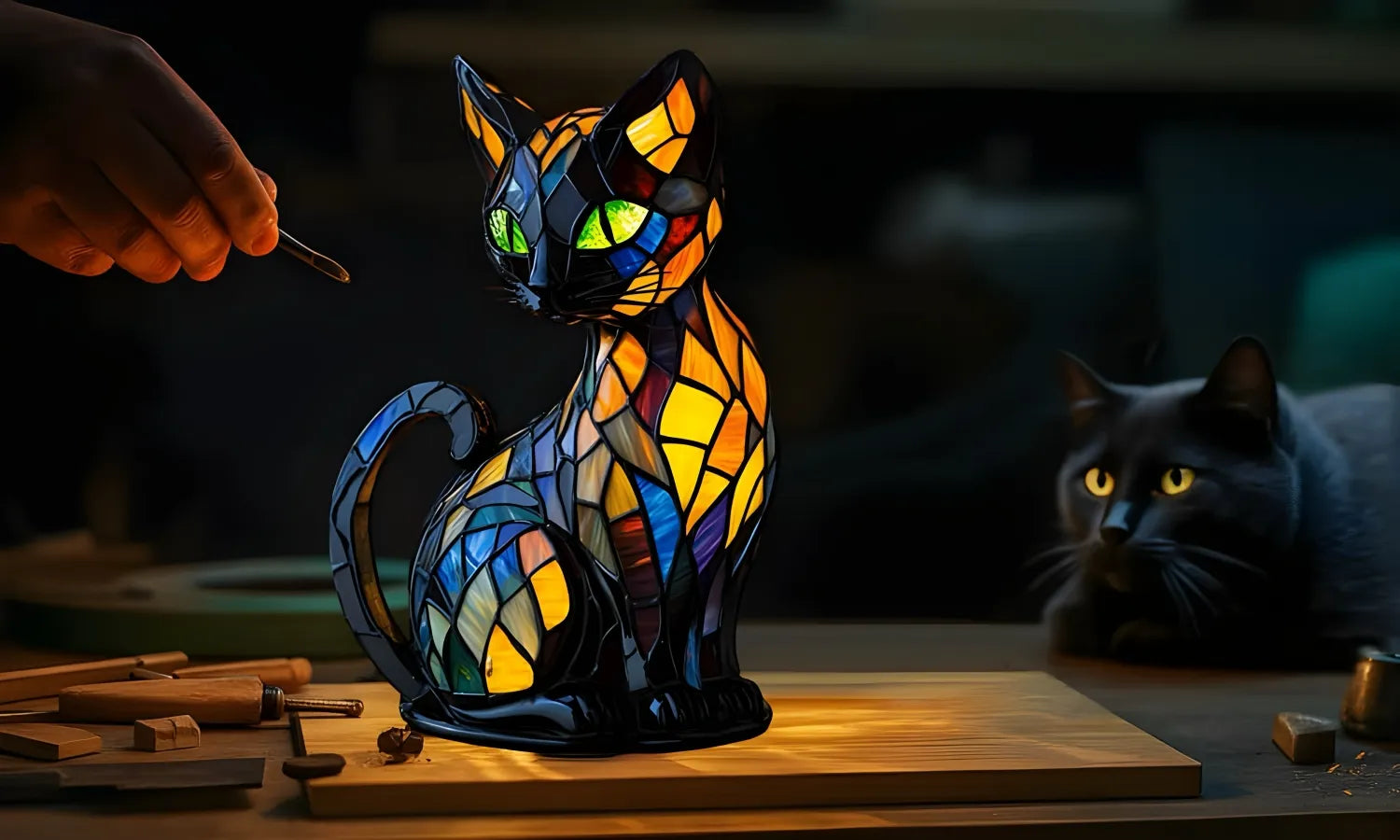 Stained glass cat lamp on a wooden surface with a black cat in the background.