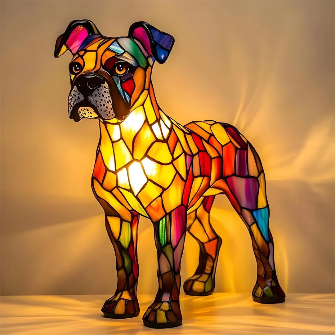 Colorful stained glass lamp shaped like a dog on a beige background