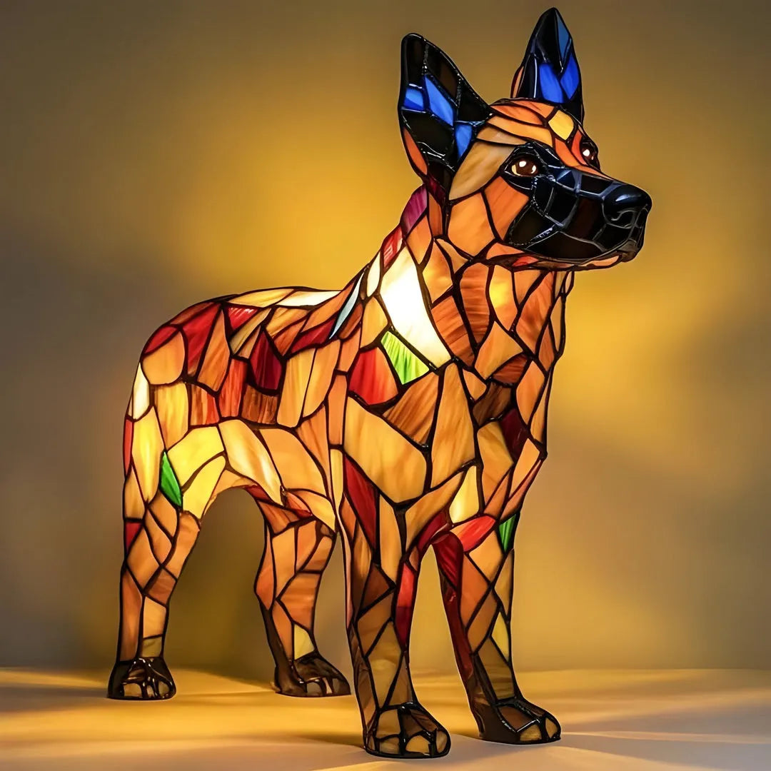 Stained glass dog-shaped lamp on a warm background