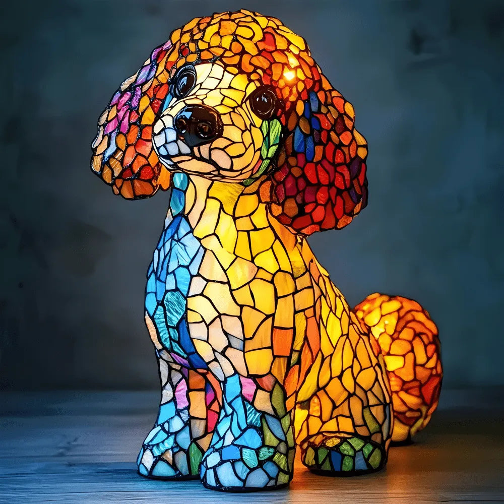 Colorful stained glass dog-shaped lamp on a dark background