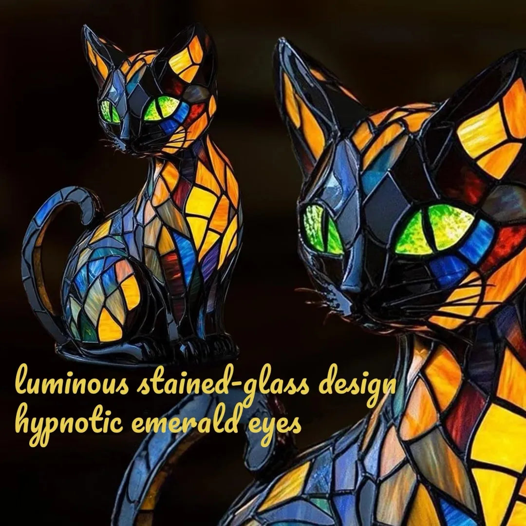 Vintage cat lamp with luminous stained-glass design in orange, blue and yellow mosaic, featuring hypnotic emerald eyes that cast a warm, cozy glow.