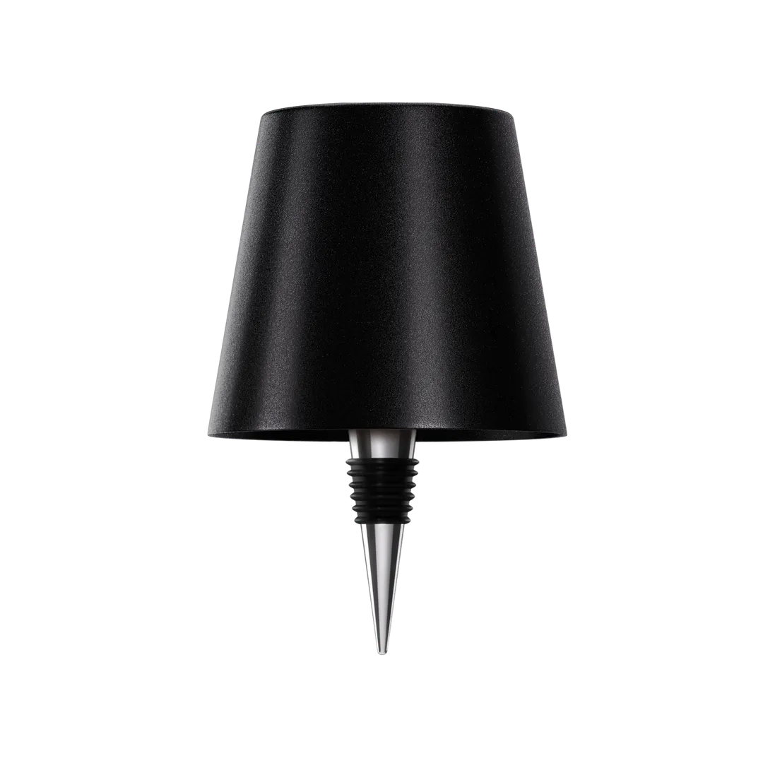 Sleek wireless bottle lamp in black (SKU) with conical shade and metallic spike base, isolated on transparent background.