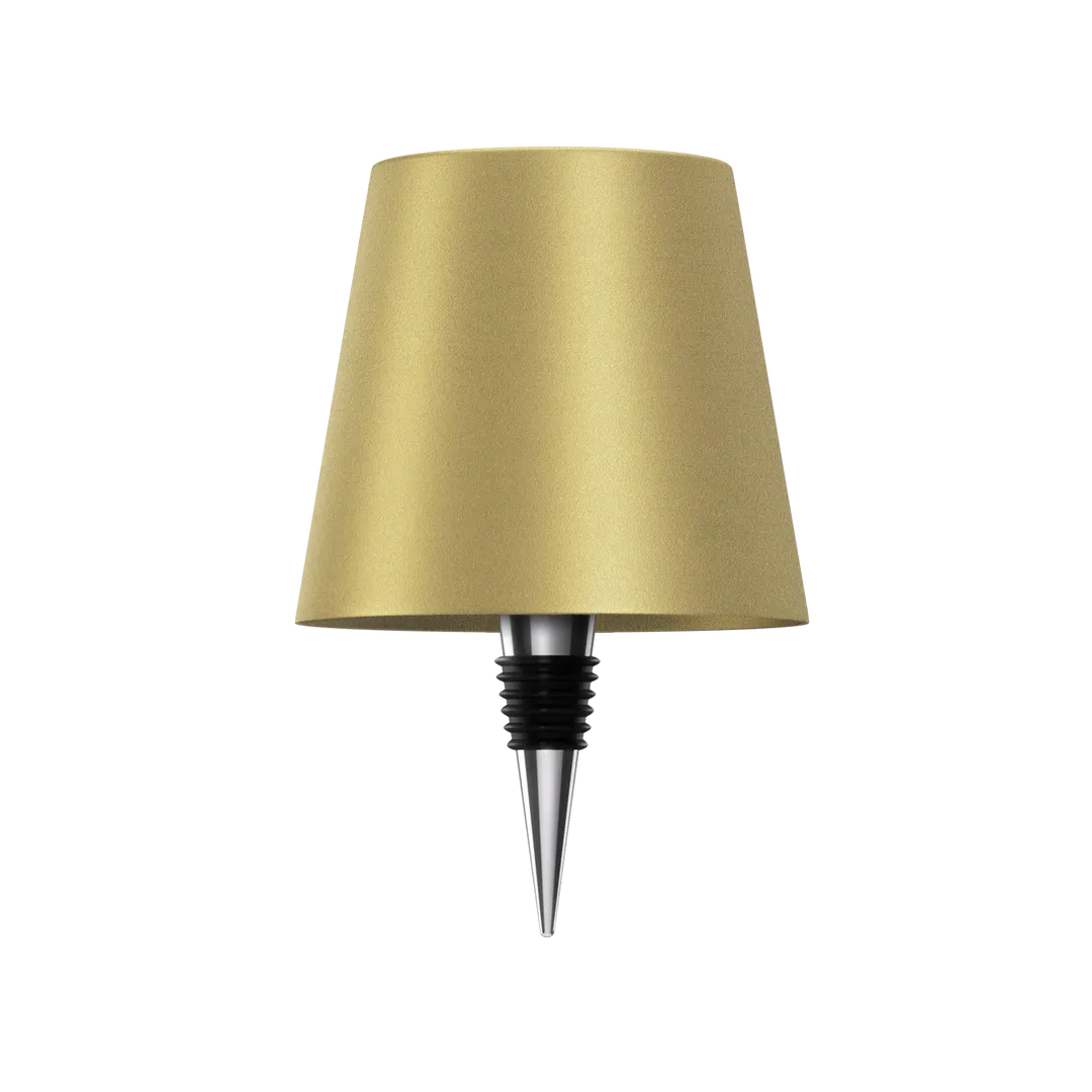 Wireless bottle lamp in gold color (SKU) with elegant conical shade and silver-black base, designed for universal bottle fitting.