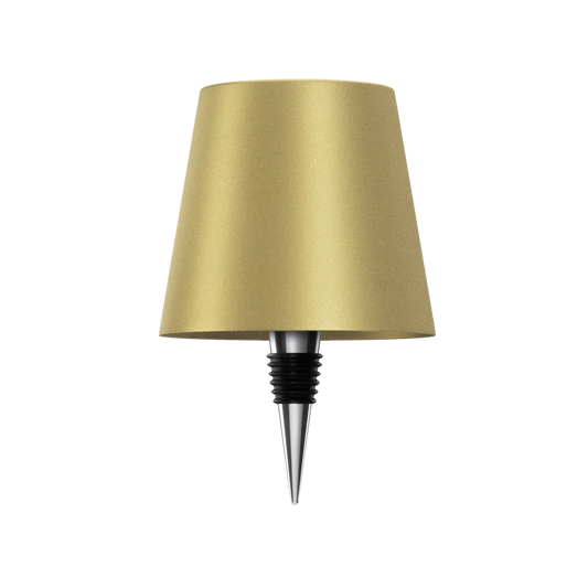 Wireless bottle lamp in gold color (SKU) with elegant conical shade and silver-black base, designed for universal bottle fitting.