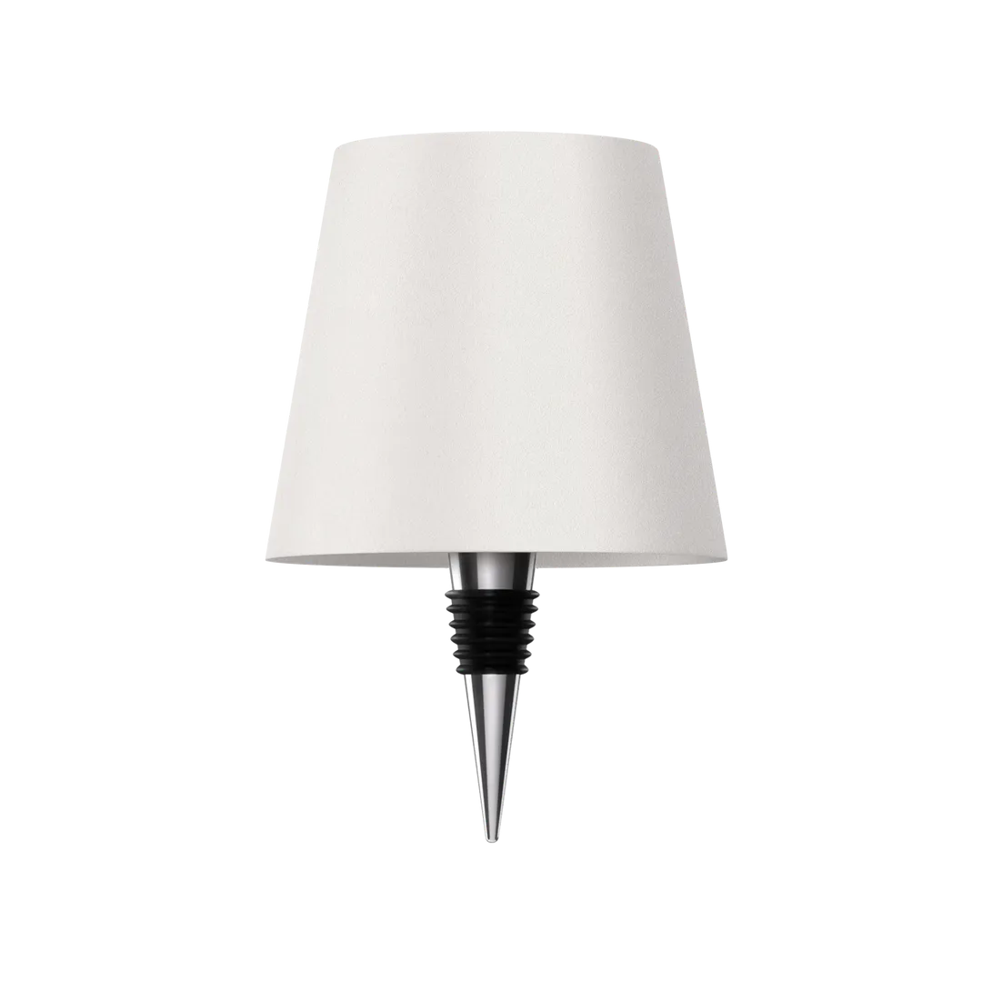 Minimalist wireless bottle lamp in white  with silver stem and black rubber seal, placed against a clean transparent background.