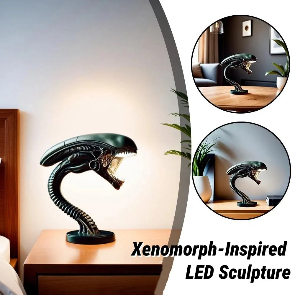 Xenomorph-inspired LED sculpture on a table with additional views inset.