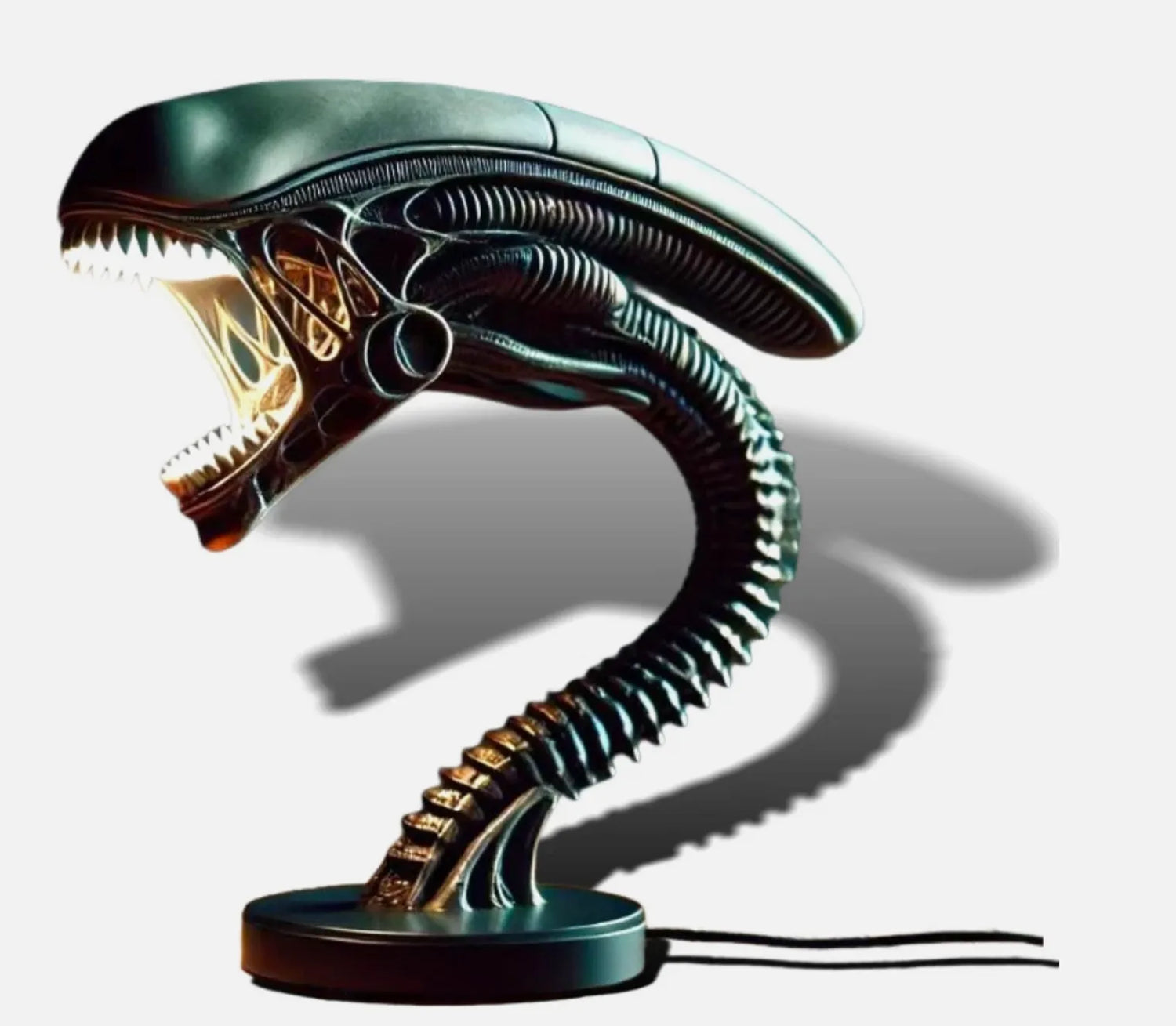 Xenomorph alien desk lamp with glowing open mouth and segmented tail.