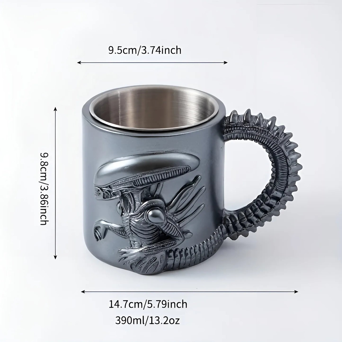 Gray mug with alien design and measurements on a white background