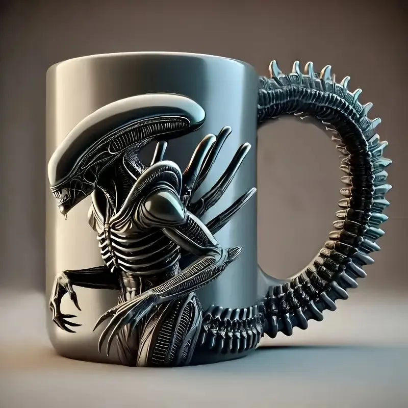 Mug with alien design and spiky handle on a neutral background